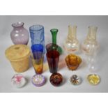 A Collection of Various Coloured Glassware to comprise Blue Glass Bark Stylised Vase, Green Glass