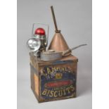 A Vintage Oil Can, Vintage Copper Funnel, Torch and Biscuit Tin