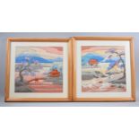 A Pair of Framed Tapestries Depicting Japanese Landscapes, Each 28x30cm