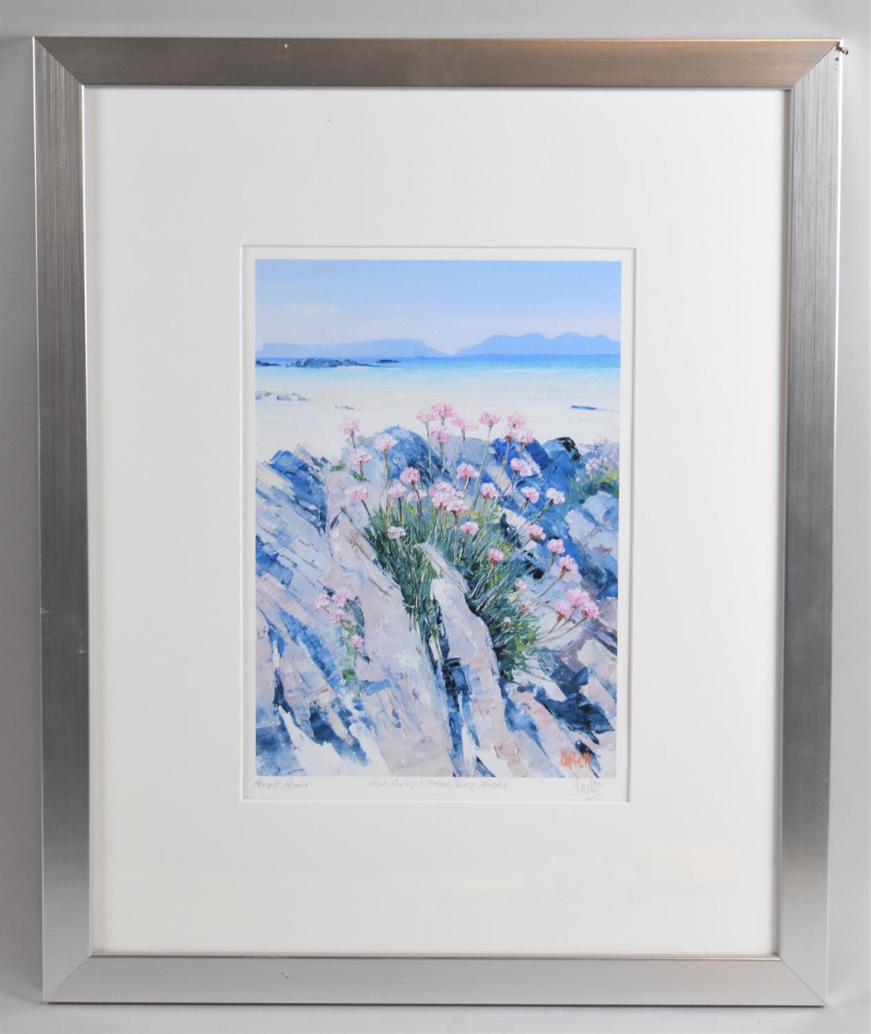 A Framed Artist Proof Print, "Sea Pinks and Small Isles" by Upton, 20x29cm