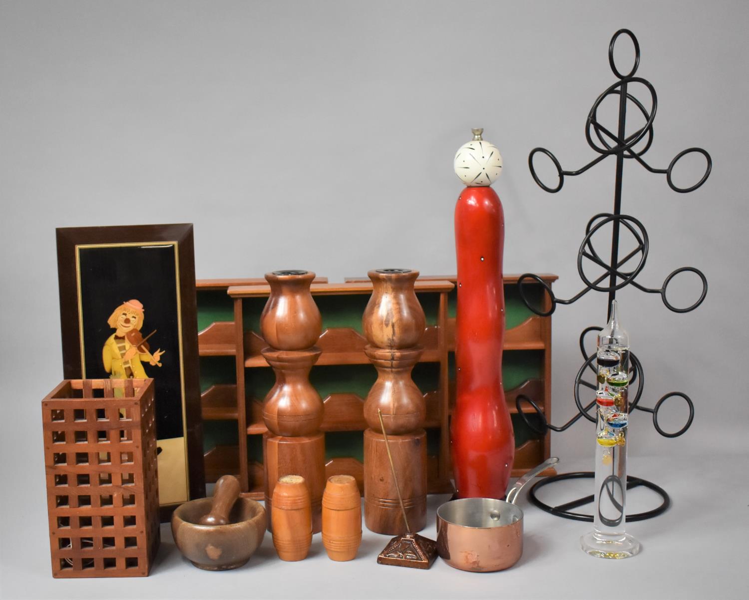 A Collection of Various Wooden Three Shelf Displays, Wooden Candle Holders, Pepper Grinder etc