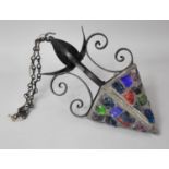 A Modern Wrought Iron and Coloured Glass Ceiling Hall Lantern Light Fitting, 40cm high