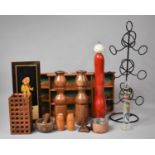 A Collection of Various Wooden Three Shelf Displays, Wooden Candle Holders, Pepper Grinder etc