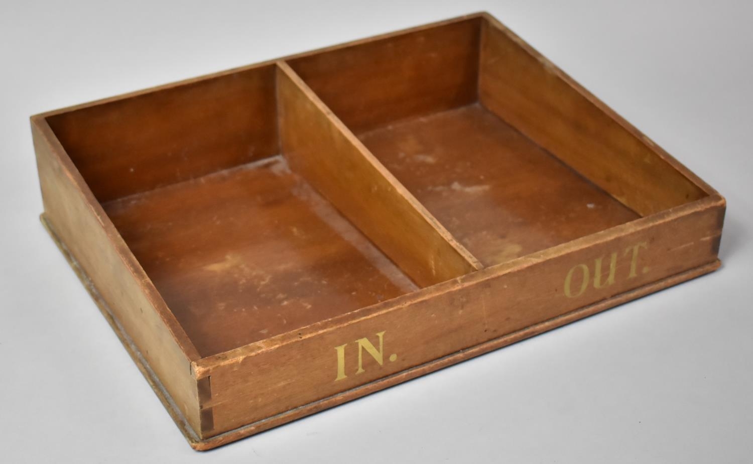 An Edwardian Two Division Wooden Desk Top 'In' and 'Out' Tray. 42.5x32.5cms