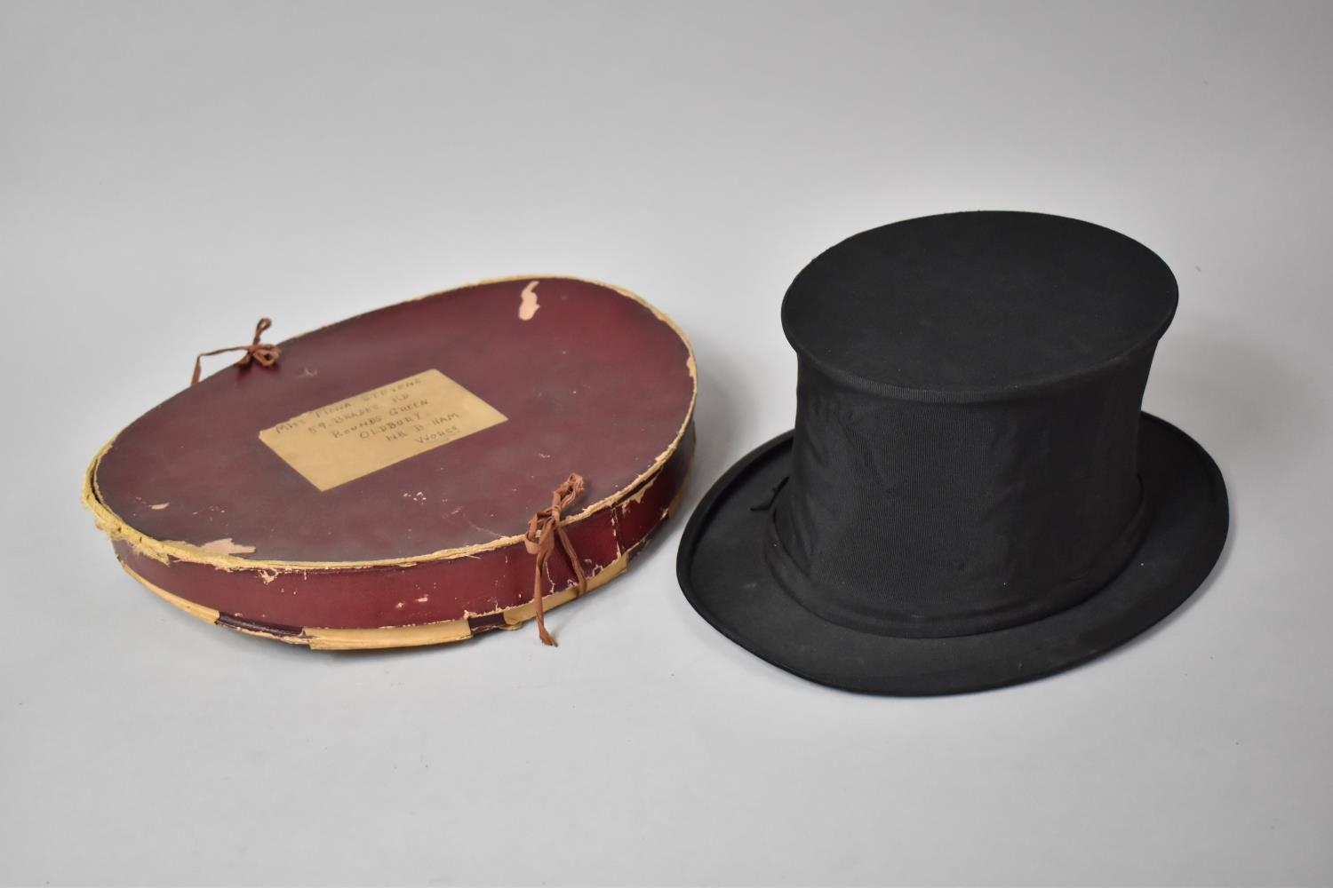 A Vintage Collapsible Opera Top Hat by Henry Heath with Addressed Oval Cardboard Container - Image 2 of 4