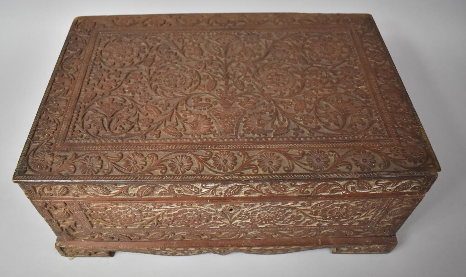 A Richly Carved Late 19th/early 20th Century Anglo Indian Colonial Travelling Box in Teak having - Image 6 of 6