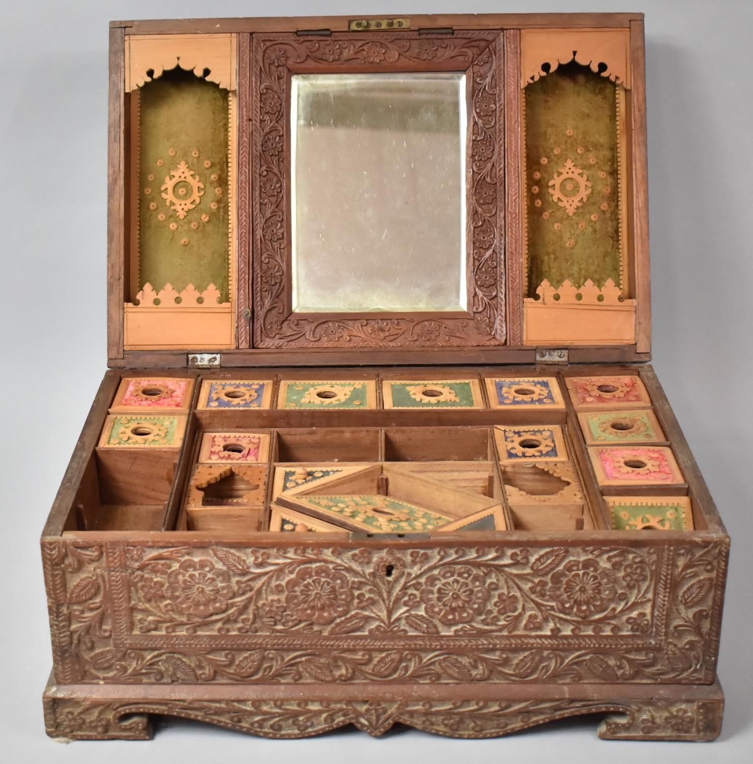 A Richly Carved Late 19th/early 20th Century Anglo Indian Colonial Travelling Box in Teak having - Image 2 of 6