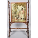 A Victorian Mahogany Framed Tapestry Screen with Scrolled Feet and Acanthus Carvings, Turned