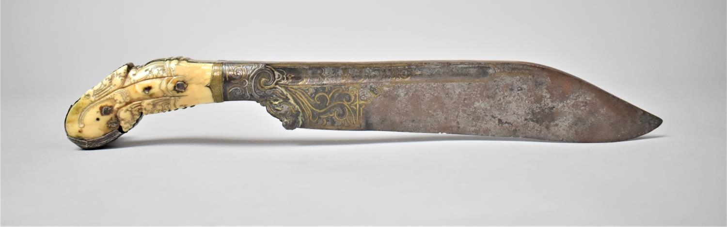 A Ceylonese Piha Kaetta Pistol Grip Dagger with Fullered Steel Blade and with Engraved and Gilt