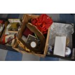 Three Boxes Containing Draught Excluder, Riding Whip, Copper Coffee Pot, Table Linens etc