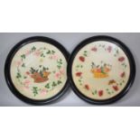 A Pair of Early 20th Century Paintings on Silk of Baskets of Fruit Surmounted by Garlands of Flowers