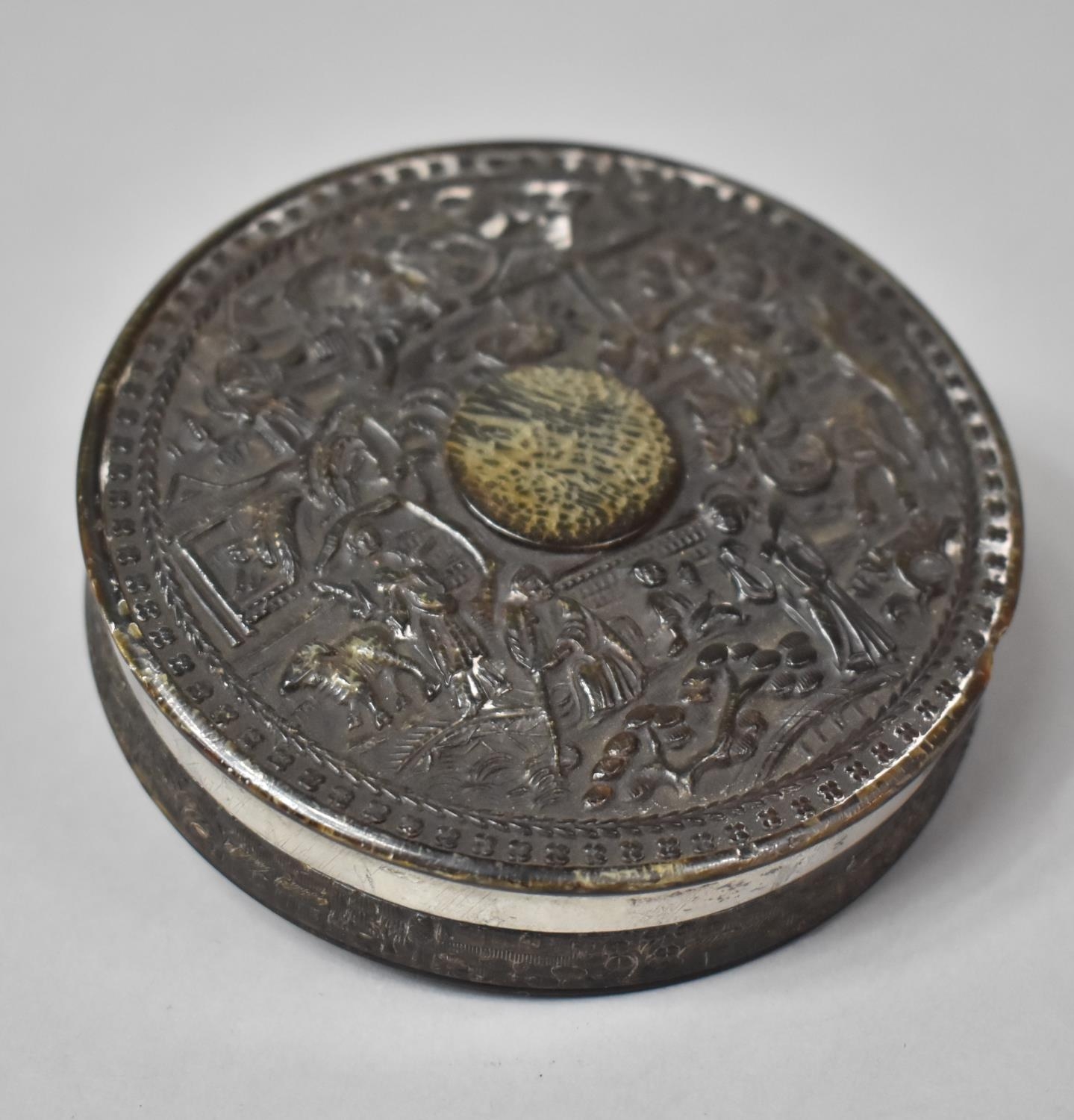 A Mid 19th Century Cantonese Circular Snuff Box and Cover in Tortoiseshell and with Silver Mounts.