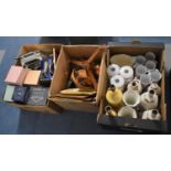 Three Boxes Containing Table Lamps, Vases, Mugs, Treenware, Silver Plate etc