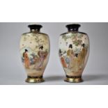 A Pair of Japanese Cobalt Blue and Gilt Satsuma Vases Decorated with Maidens in Garden. 15.5cm