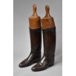 A Pair of Vintage Brown Leather Ladies Riding Boots with Wooden Trees.