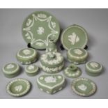 A Collection of Thirteen Pieces of Green and White Wedgwood Jasperware to Inlcue Lidded Pots etc