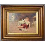 A Folk Art Painting on Canvas of a Child Playing with Two Dogs, Signed G. A. Booth 1915, In The