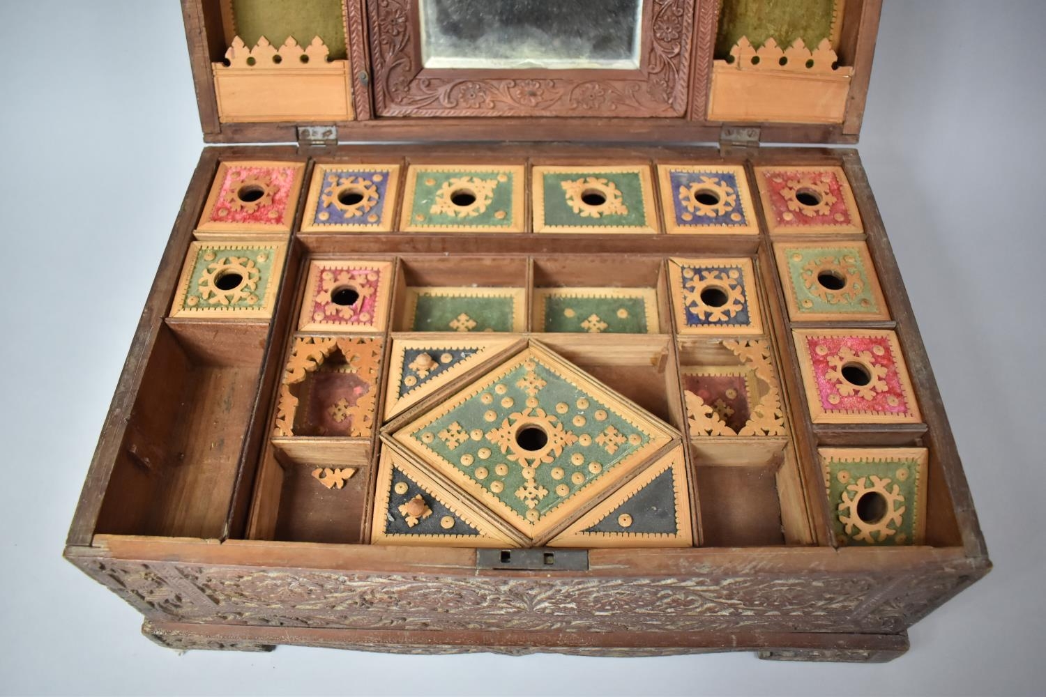 A Richly Carved Late 19th/early 20th Century Anglo Indian Colonial Travelling Box in Teak having - Image 3 of 6