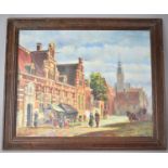 A Late 20th Oil Painting on Board of a Continental Street Scene in a Moulded Oak Frame, Possibly