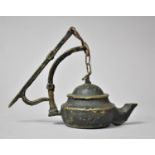 A Bronze Hanging Oil Lamp of Archaic Form, 10cm Wide