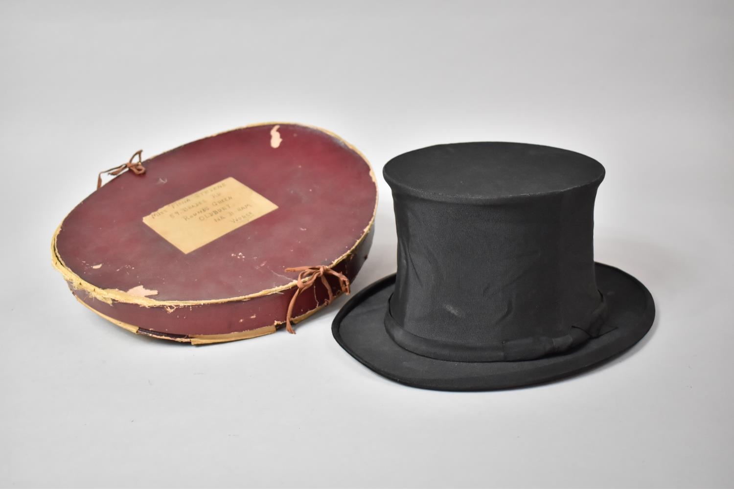 A Vintage Collapsible Opera Top Hat by Henry Heath with Addressed Oval Cardboard Container - Image 4 of 4