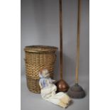 Two Copper Possers Together with a Wicker Clothes Basket Containing Doll