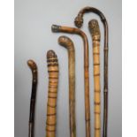A Group of Six 19th Century Chinese Bamboo Walking Sticks and Canes, The Longest 105cm