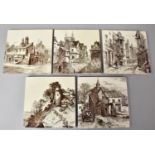 Five 19th Century Mintons Tiles Decorated with Monochrome Architectural Images, Designed by L.T.