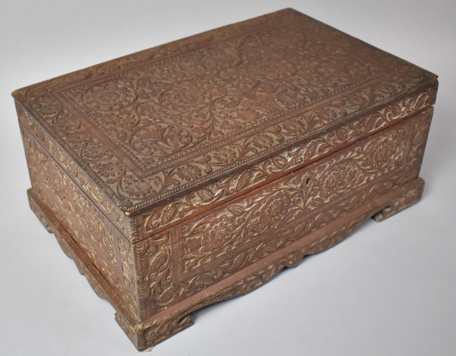 A Richly Carved Late 19th/early 20th Century Anglo Indian Colonial Travelling Box in Teak having - Image 5 of 6