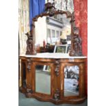 A Victorian Inlaid Mahogany Marble Top Chiffonier with Serpentine Front, Three Mirrored Doors to