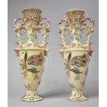 A Pair of Hungarian Two Handled Vases by Fischer, Budapest, With Reticulated Collars and Floral