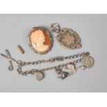 A Collection of Silver Jewellery to include Charm Bracelet having Five Charms, Shell Cameo Brooch