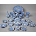 A Collection of Twenty-One Pieces of Blue and White Wedgwood Jasperware to Include Vases (Tallest