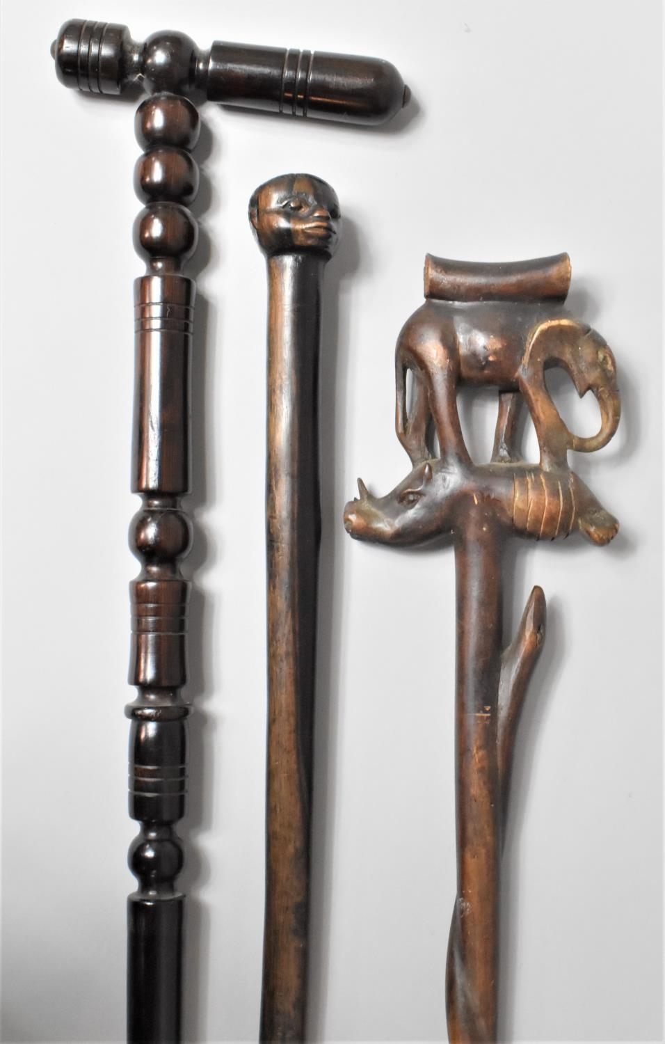 A Group of Three 19th Century African Carved Hardwood Walking Sticks, the Longest 91cm - Image 2 of 3