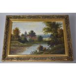 A 19th Century Gilt Framed Oil on Board, Cottage and Church Beside Pond, 29x19cms