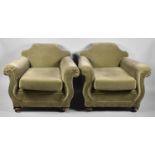 A Pair of Edwardian Upholstered Long Arm Howard Style Armchairs