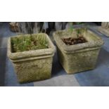 A Pair of Reconstituted Stone Square Garden or Patio Planters with Moulded Vine and Grape