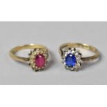 A Matching Pair of Gold on Silver Ladies Dress Rings. One Set with Oval Cut Ruby, the other with