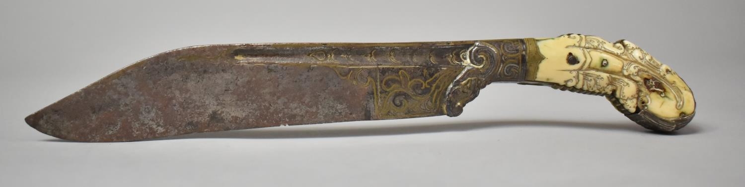 A Ceylonese Piha Kaetta Pistol Grip Dagger with Fullered Steel Blade and with Engraved and Gilt - Image 9 of 12