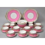 A Pink and White Tea Set wih Greek Key Design and Enriched with Gilt Highlights. Comprising Nine