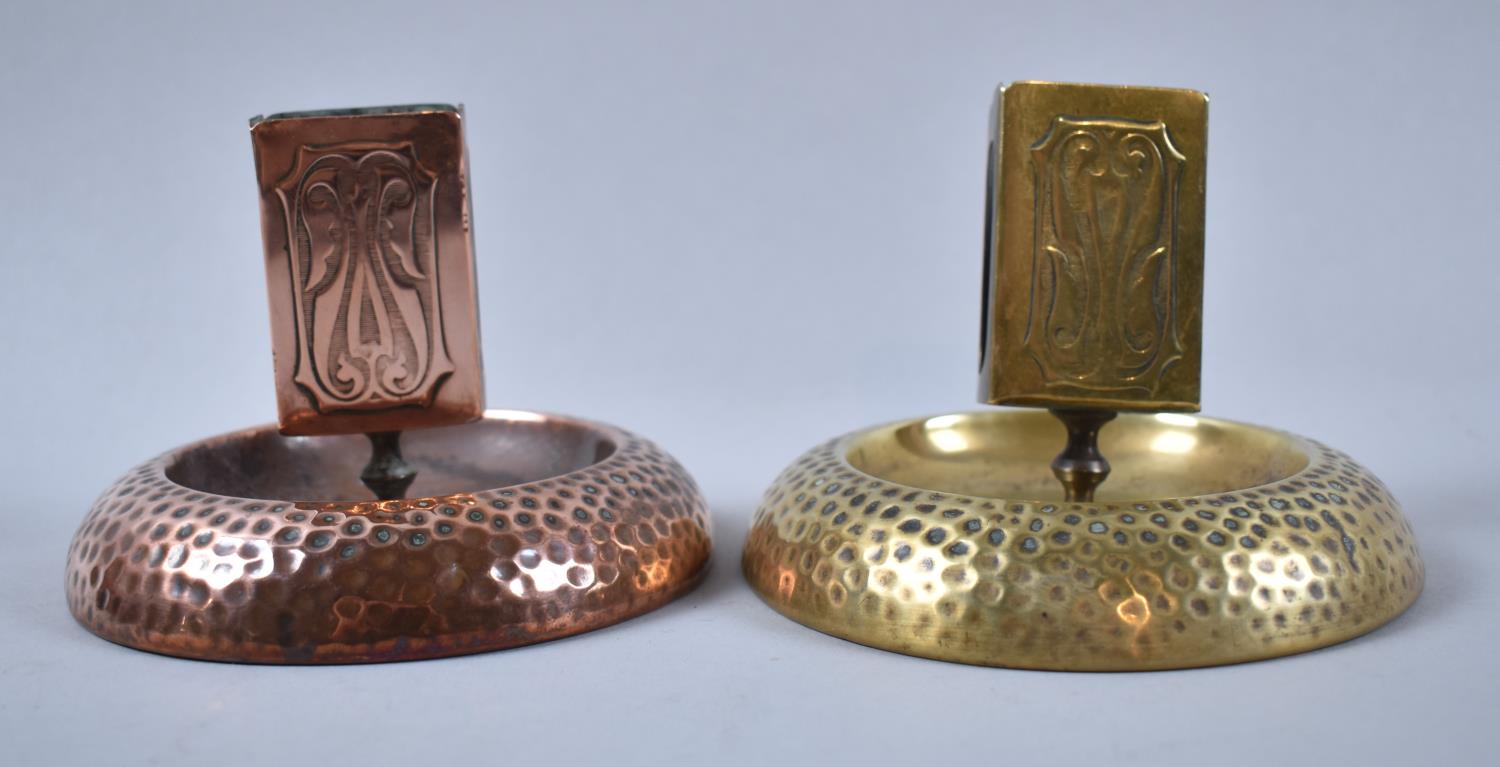 Two Art Nouveau Matchbox Holders/Ashtrays of Circular Form, One in Copper, the Other in Brass, 12.
