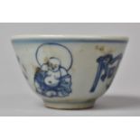 A Chinese Blue and White Chinese Teabowl, Decorated with Character Marks and Buddha, 8cm diameter