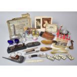 A Collection of Curios to Include Owl Ornaments, Vintage Pipe, Ivory Chess Pieces, Teacaddy Spoon
