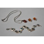 A Small Collection of Silver and Amber Jewellery to Include Chain with Amber Pendant and Pair of