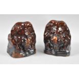 A Pair of Late Victorian Treacle Glazed Stoneware Lion Mask Sash Window Stops, Each 13cm high