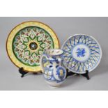 A Collection of Continental Glazed Items to Include Spanish Talavera Glazed Puzzle Jug Together with