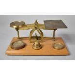 A Set of Brass Postage Scales, with Associated Weights on Rectangular Wooden Plinth, 21.5cm Long