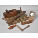 A Collection of Wooden Curios to Include Table Winder, Vintage Parts Box, Block Plane, Souvenir De
