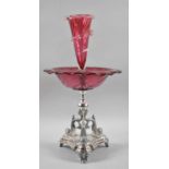 A Nice Quality Edwardian Cranberry Glass and Silver Plated Table Centre with Single Wrythen