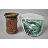 Two Pieces of Studio Pottery to Include Glazed Pocket Vase Together with a Cylindrical Vase with